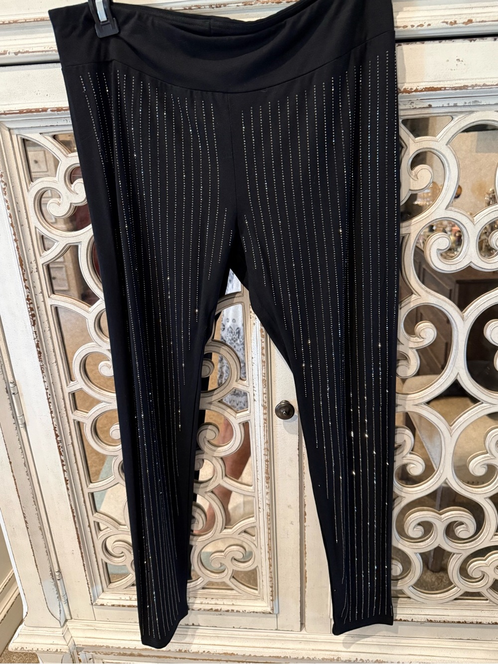 Vocal Black Leggings with Silver Rhinestone Pinstripes